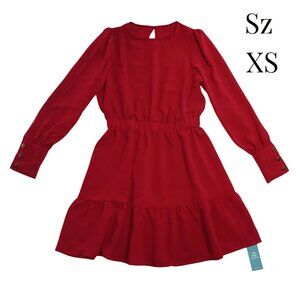 Red Christmas Dress Womens A-Line Babydoll Long Sleeve Button Cuff Cupshee Sz XS